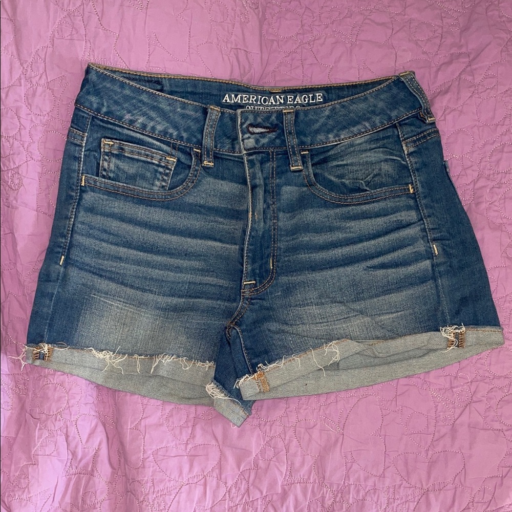 American Eagle Outfitters Dark Blue Jean Shorts - super stretch high-rise Shorti